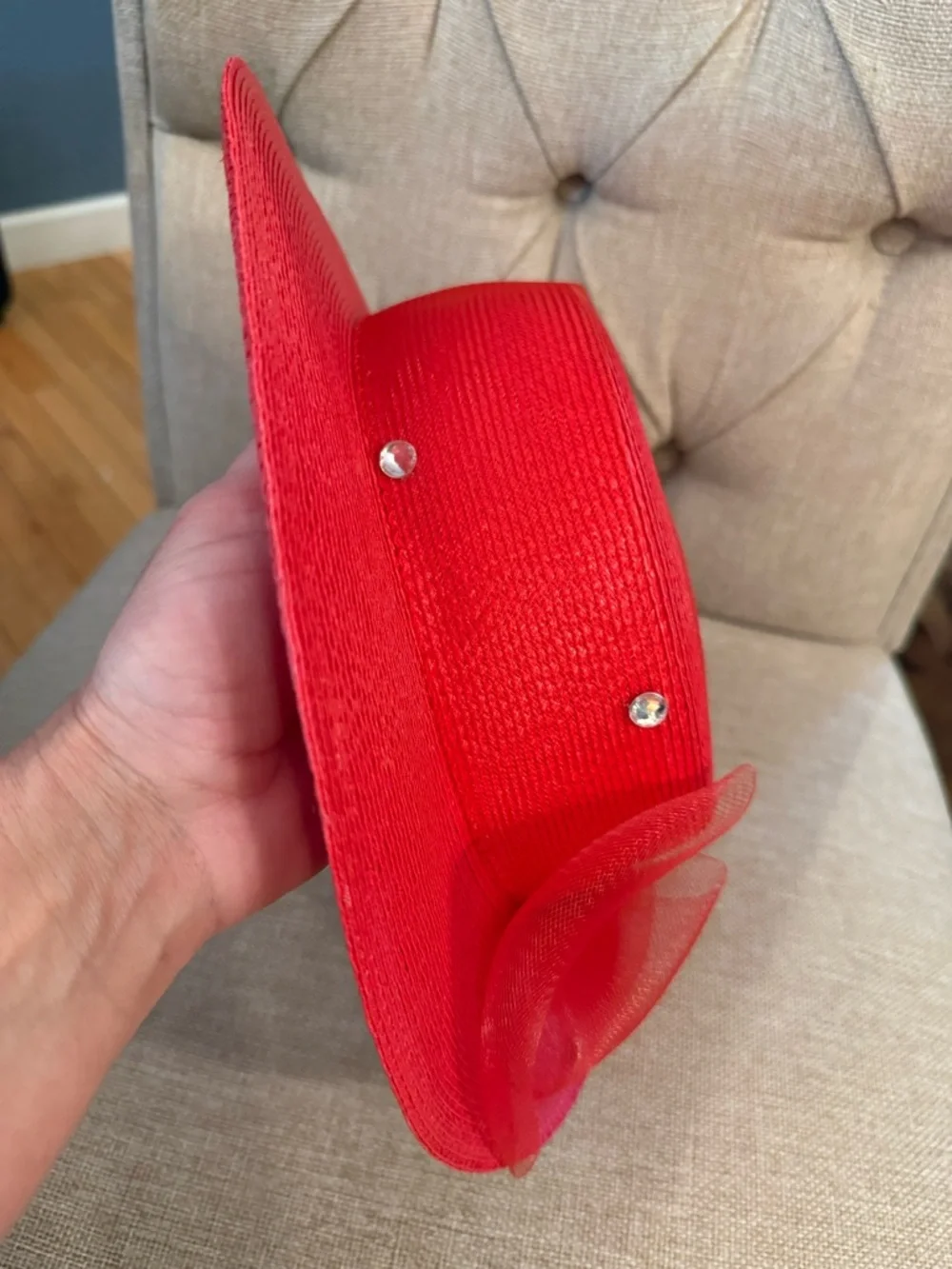 Red Decorative Wide-Brim Straw Hat rhinestones mash, bow Derby red hat Society